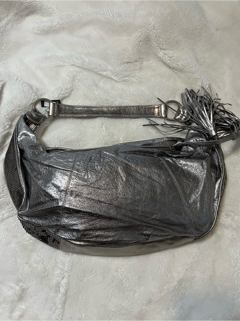 bebe Metallic Silver/pewter Fringe Hobo Shoulder Bag